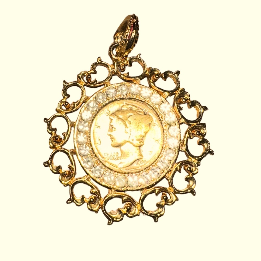 Vintage W.L.P. gold tone rhinestone gold 1941 mercury dime pendant 2”